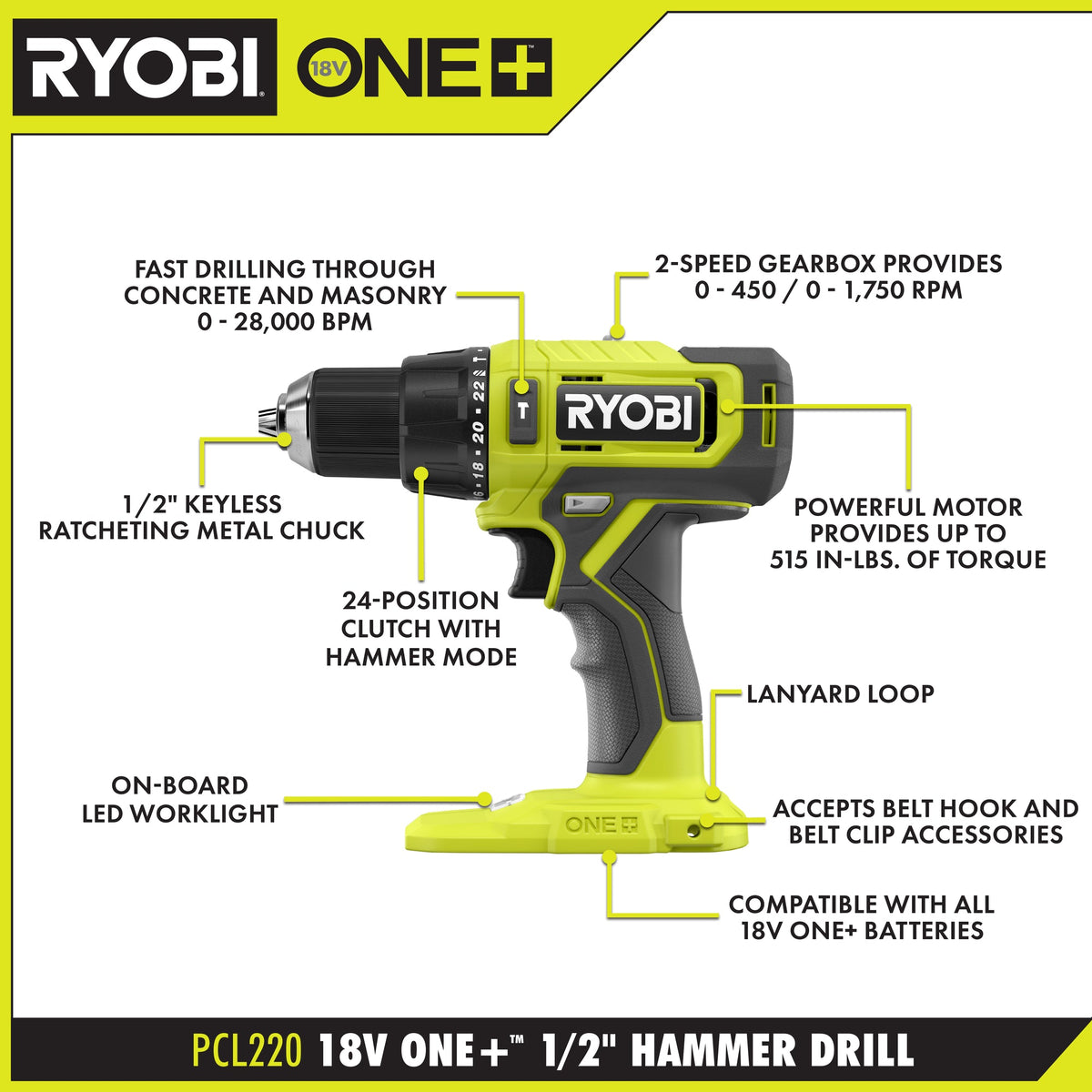 18V ONE+ 1/2" Hammer Drill