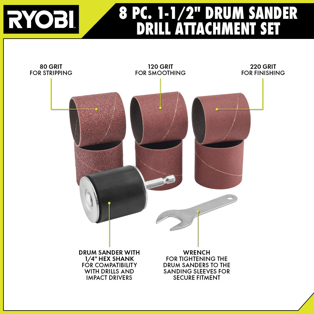 8 PC. 1-1/2" Drum Sander Drill Attachment Set
