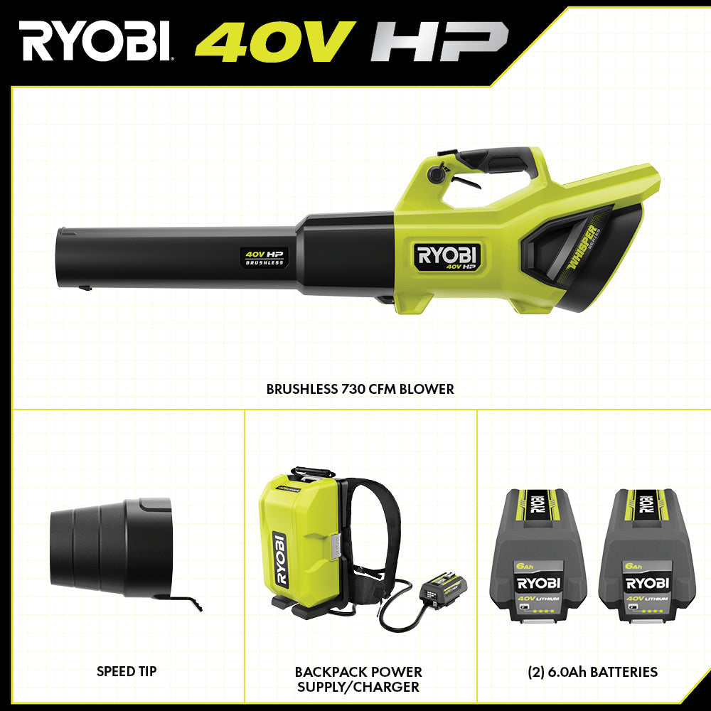 40V HP Brushless 730 CFM WHISPER SERIES Blower & Backpack Power Supply Kit