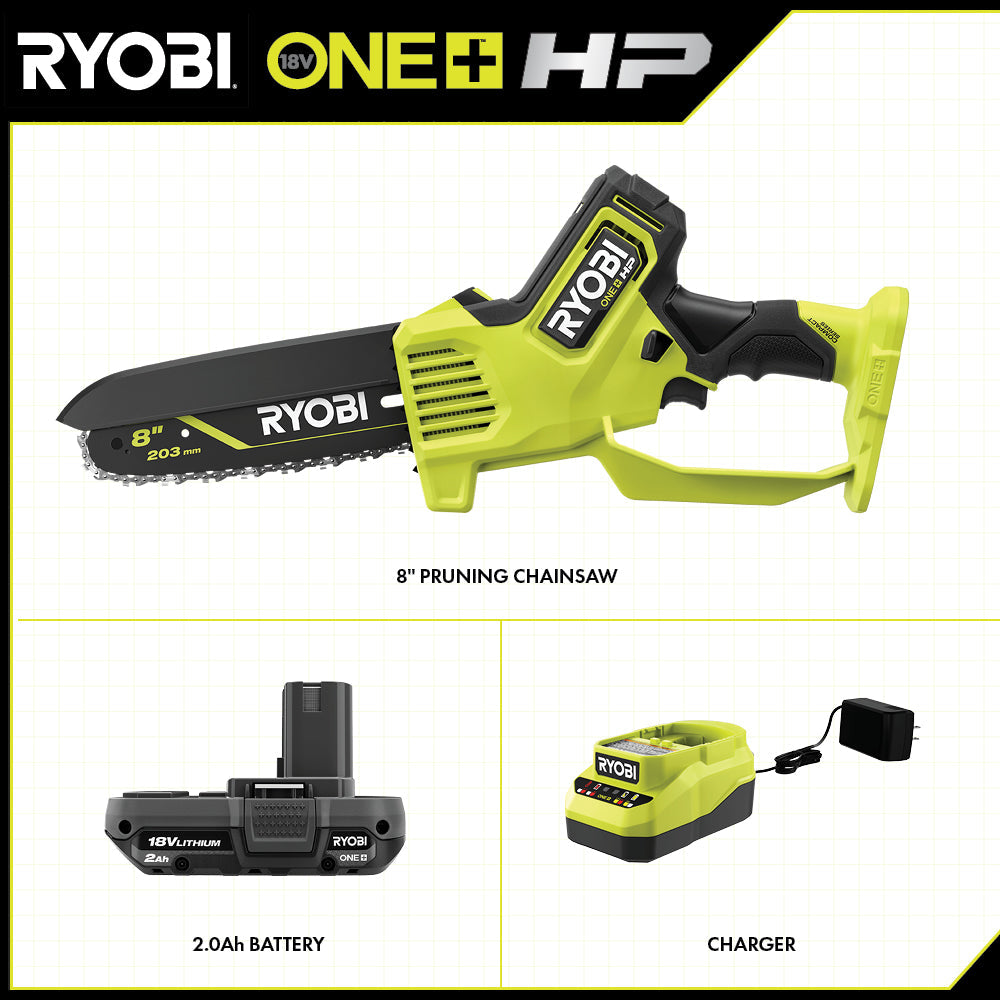 18V ONE+ HP Brushless 8" Pruning Mini Chainsaw Battery Powered with 2.0 Ah Battery and Charger