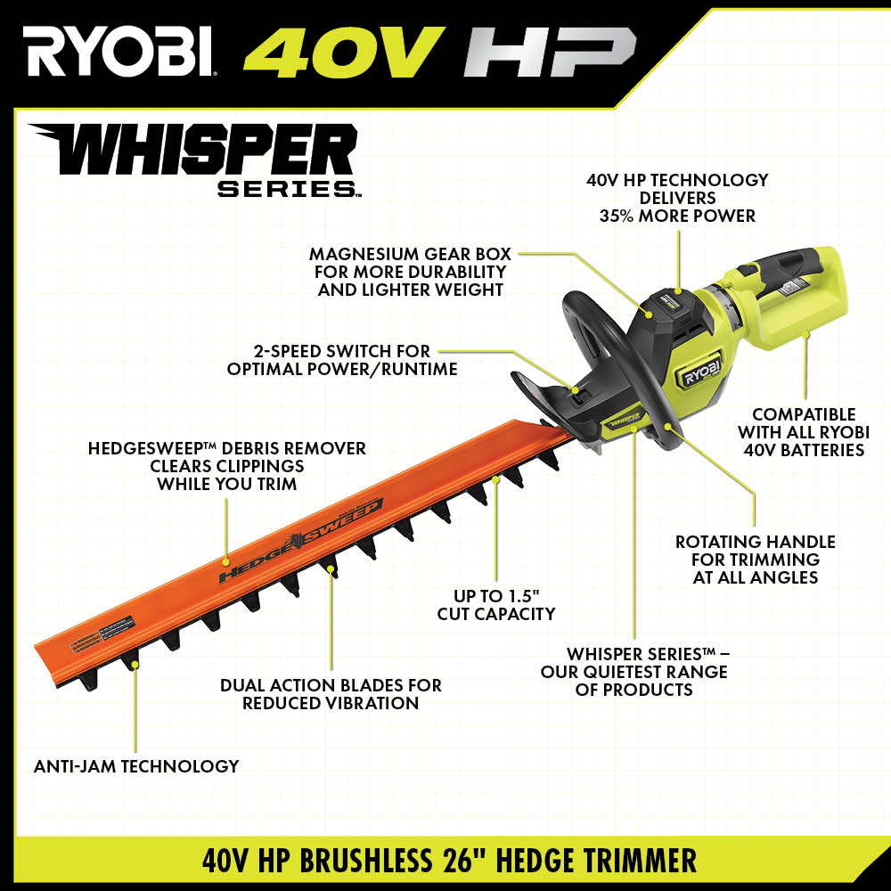 40V HP Brushless WHISPER SERIES 26" Hedge Trimmer Kit