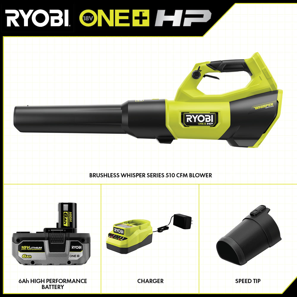 18V ONE+ HP Brushless WHISPER SERIES 510 CFM 130 MPH Battery Leaf Blower, 6.0 Ah Battery, Charger