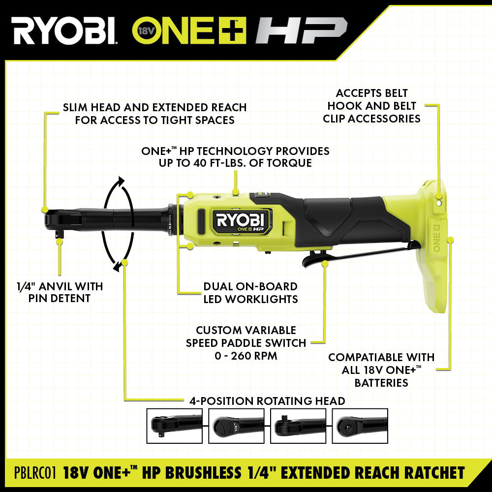 18V ONE+ HP Brushless 1/4" Extended Reach Ratchet Kit