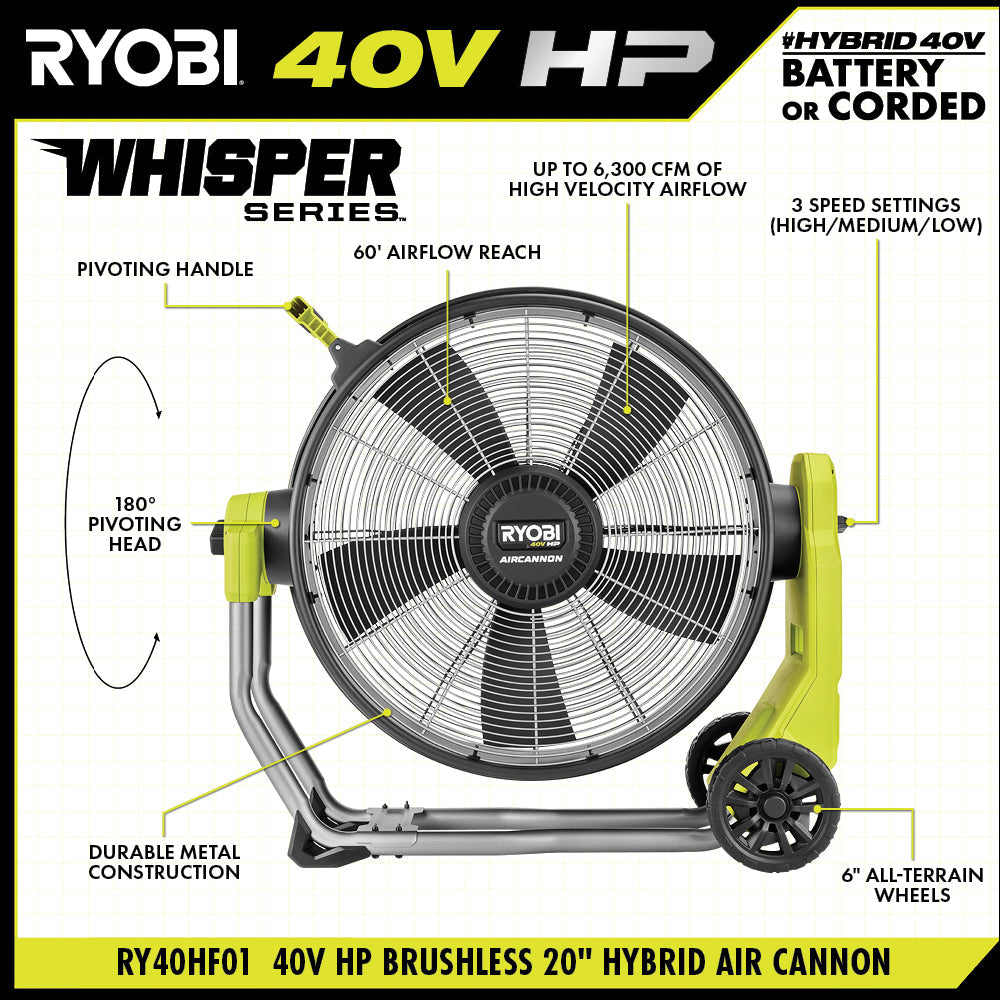 40V HP Brushless Hybrid WHISPER SERIES 20" Air Cannon Fan