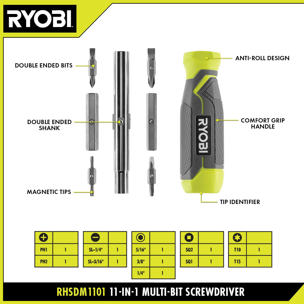 11-in-1 Multi-bit Screwdriver with Cushion Grip Handle