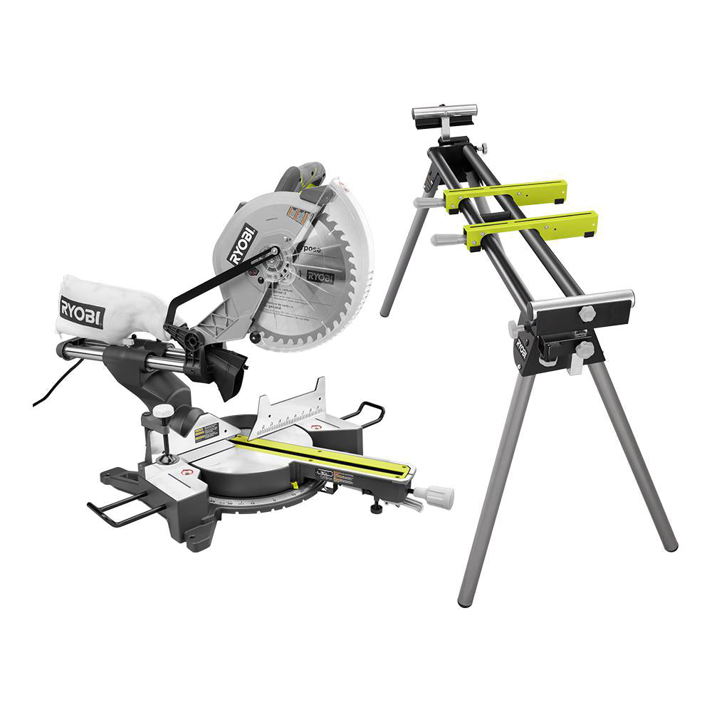 12" Sliding Miter Saw with LED and Miter Saw Stand with Tool-Less Height Adjustment