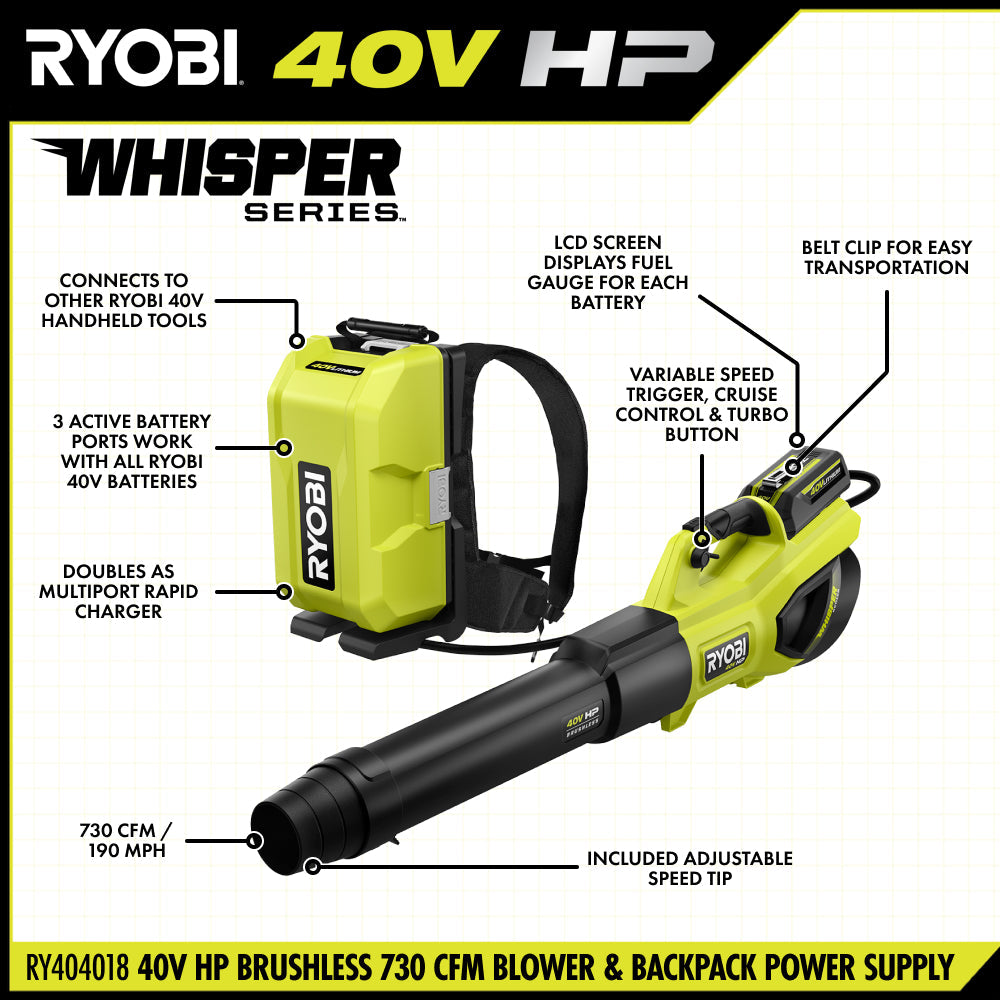 40V HP Brushless 730 CFM WHISPER SERIES Blower & Backpack Power Supply Kit