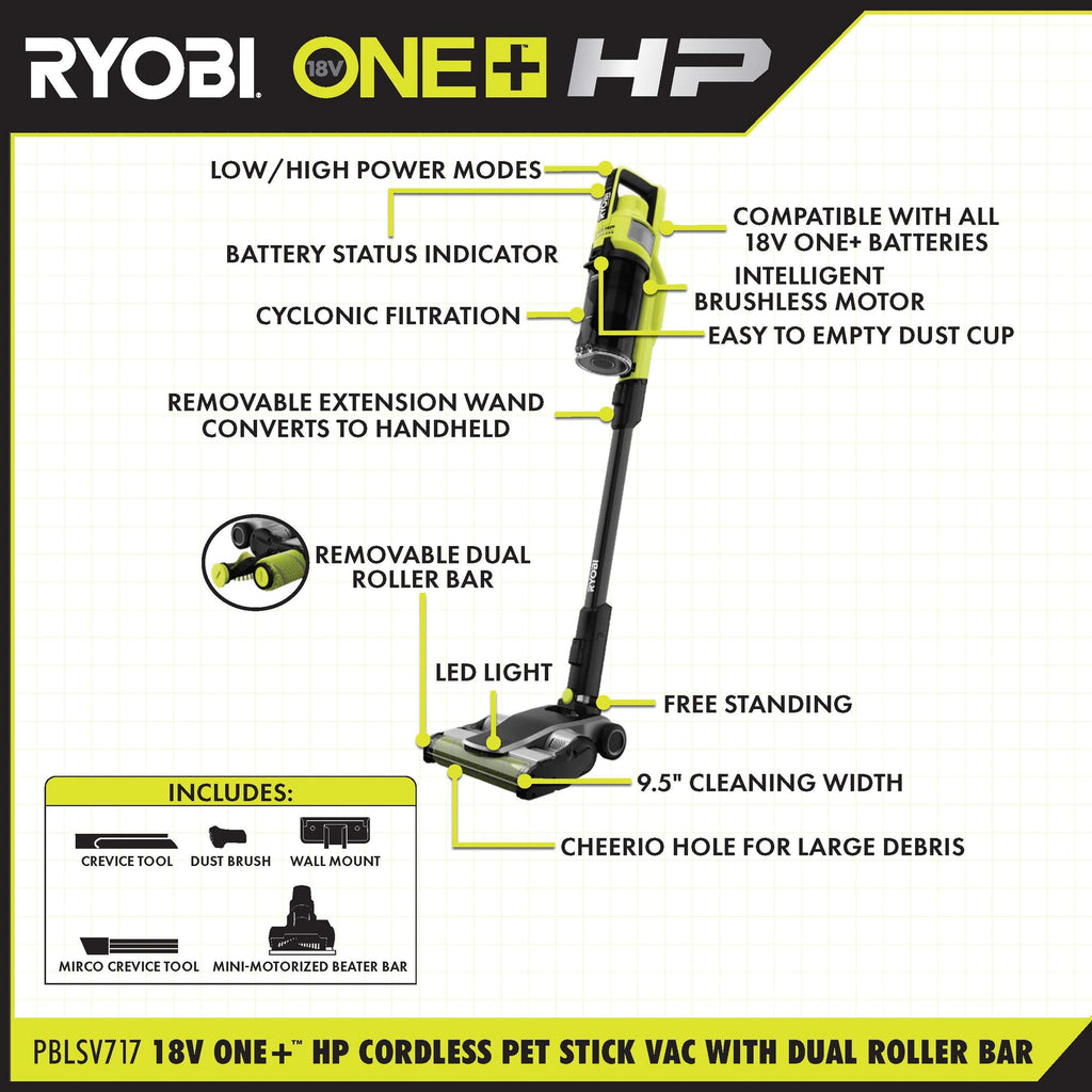 18V ONE+ HP Cordless Pet Stick Vac with Dual-Roller Bar