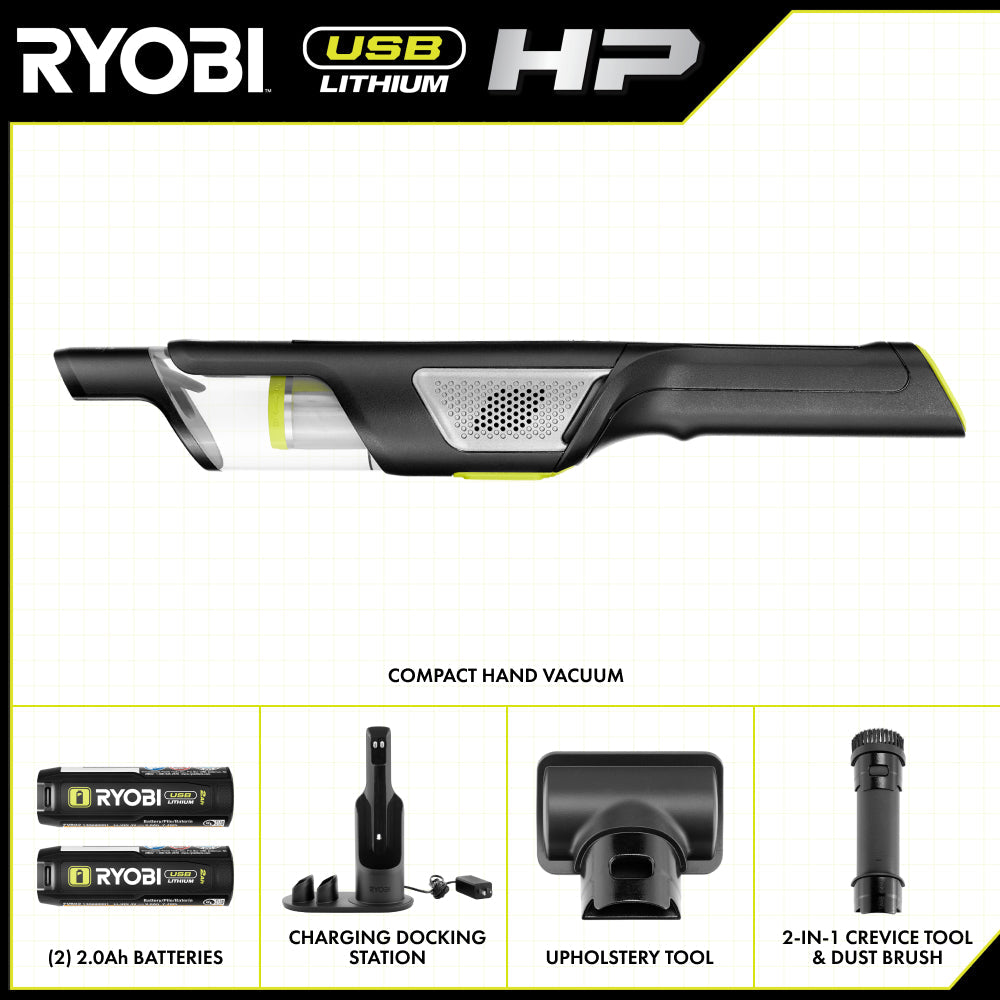 USB Lithium HP Compact Hand Vacuum Cleaner Kit with (2) USB Lithium 2.0 Ah Batteries and Charger