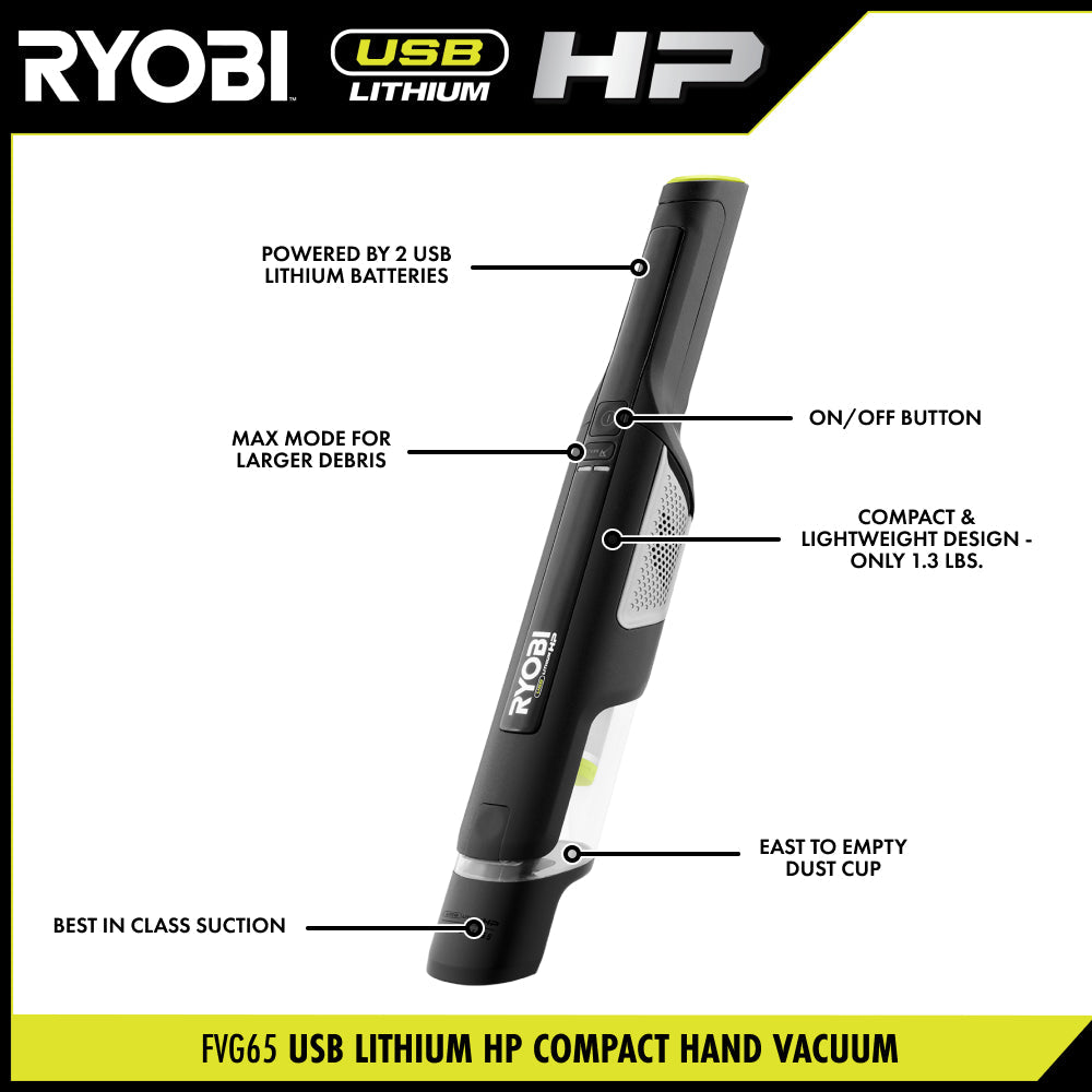 USB Lithium HP Compact Hand Vacuum Cleaner Kit with (2) USB Lithium 2.0 Ah Batteries and Charger