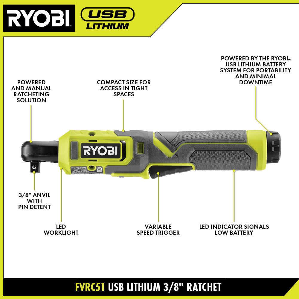 USB Lithium 3/8" Light Duty Ratchet Kit