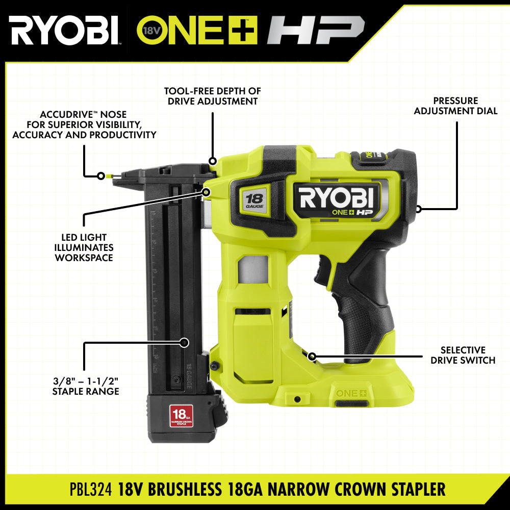 18V ONE+ HP 18V Brushless Cordless 18-Gauge Narrow Crown Stapler, Cordless Staple Gun (Tool Only)