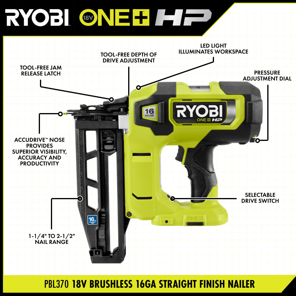 18V ONE+ HP 18V Brushless Cordless Nail Gun, 16-Gauge Straight Finish Nailer (Tool Only)