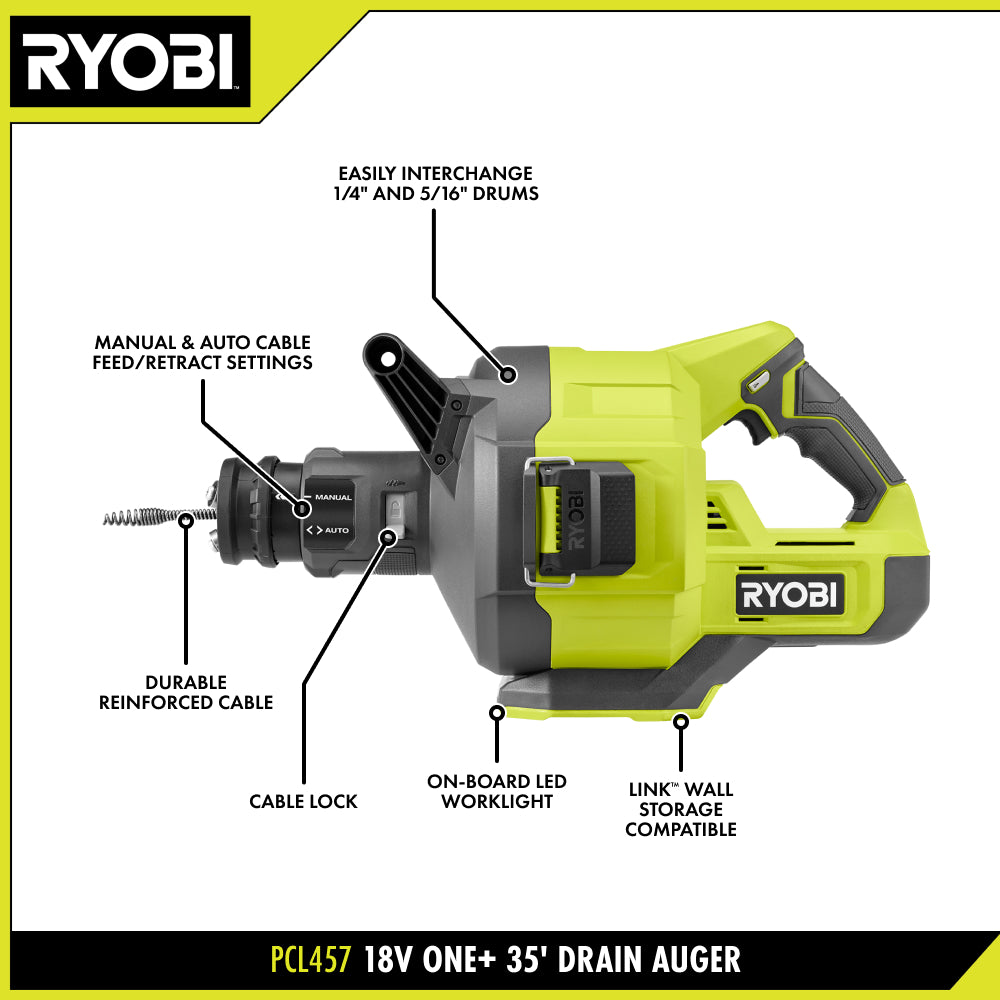 ONE+ 18V Cordless Drain Auger, Drain Clog Remover Tool w 35 ft Cable, LED Light, Cable Lock, Removable Drum (Tool Only)