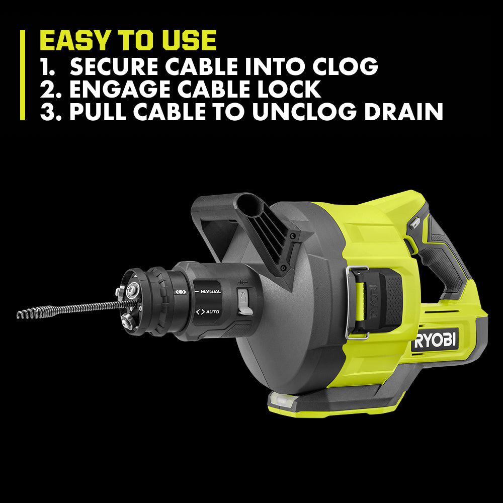 ONE+ 18V Cordless Drain Auger, Drain Clog Remover Tool w 35 ft Cable, LED Light, Cable Lock, Removable Drum (Tool Only)