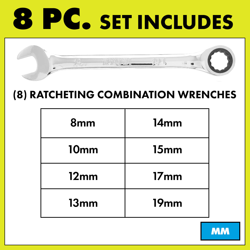 8 PC. Metric Ratcheting Combination Wrench Set