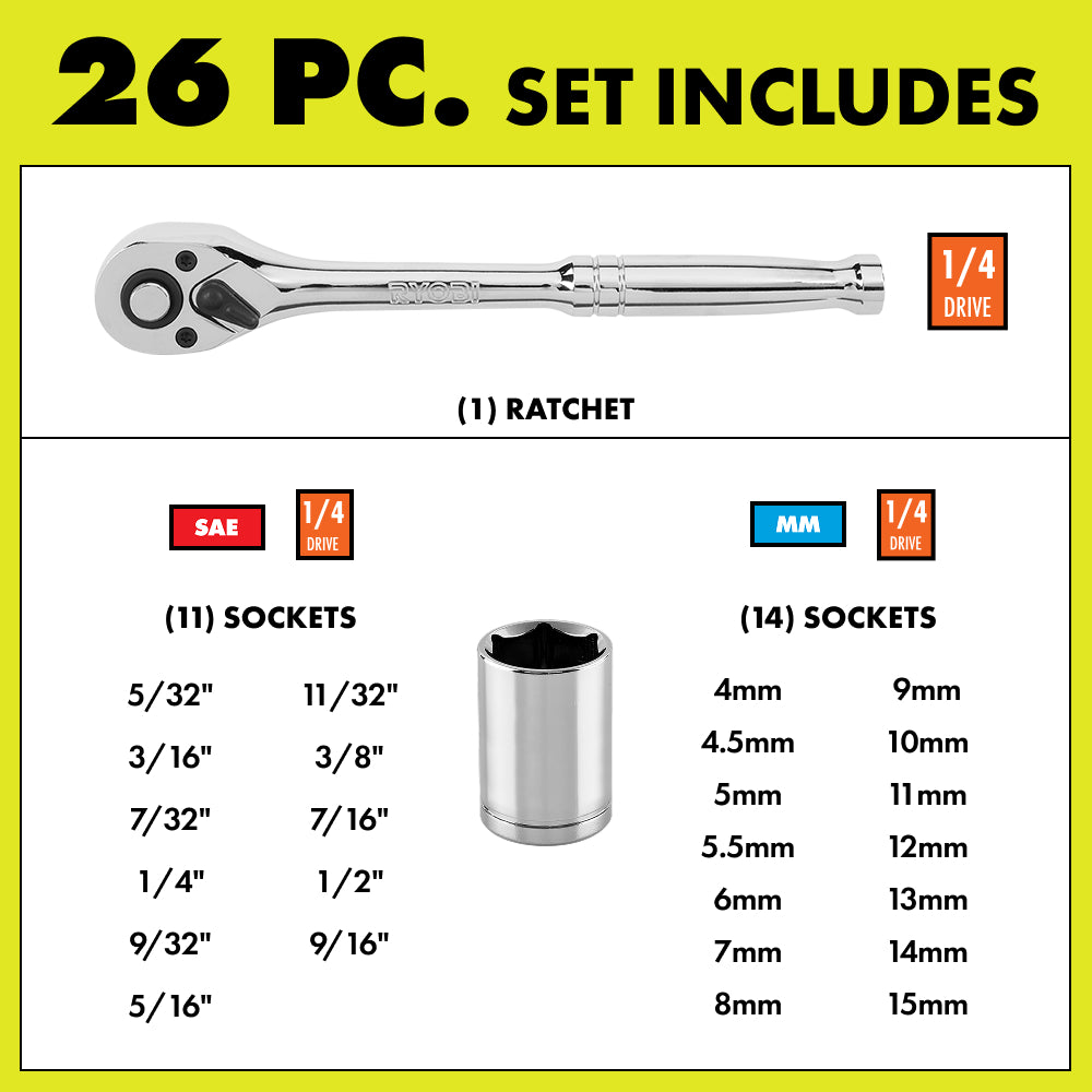 26 PC. 1/4" Drive Ratchet and Socket Set
