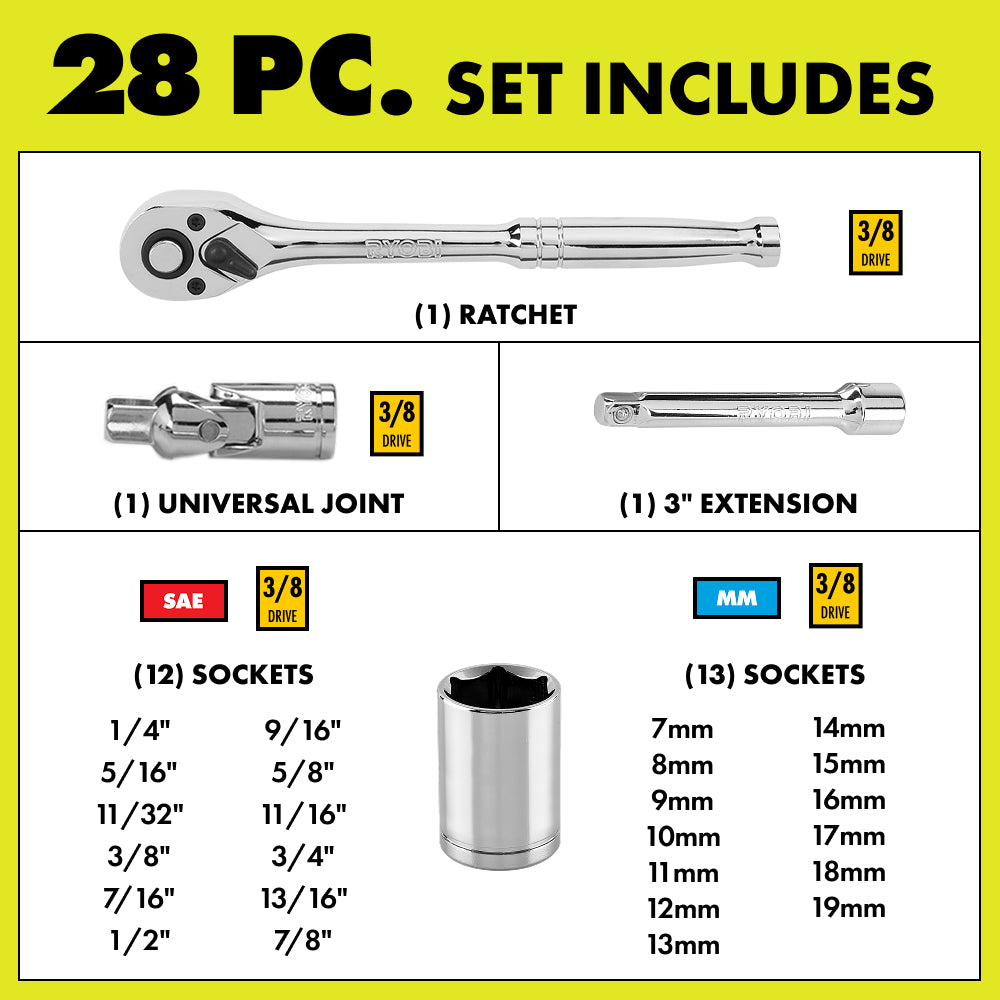 28 PC. 3/8" Ratchet and Socket Set