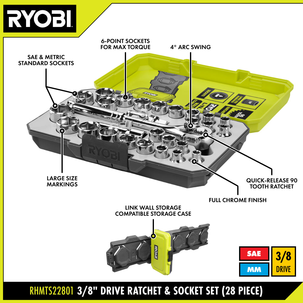 28 PC. 3/8" Ratchet and Socket Set