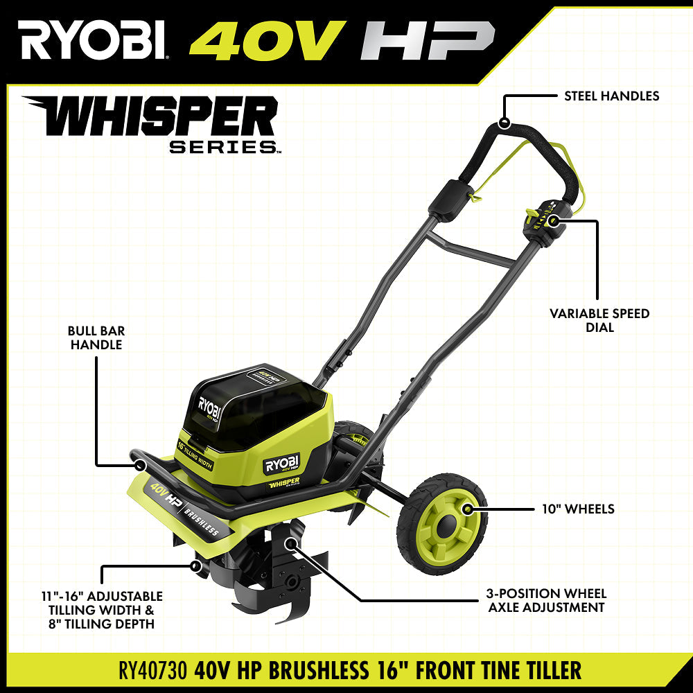 40V HP Brushless WHISPER SERIES 16" Front Tine Tiller Kit