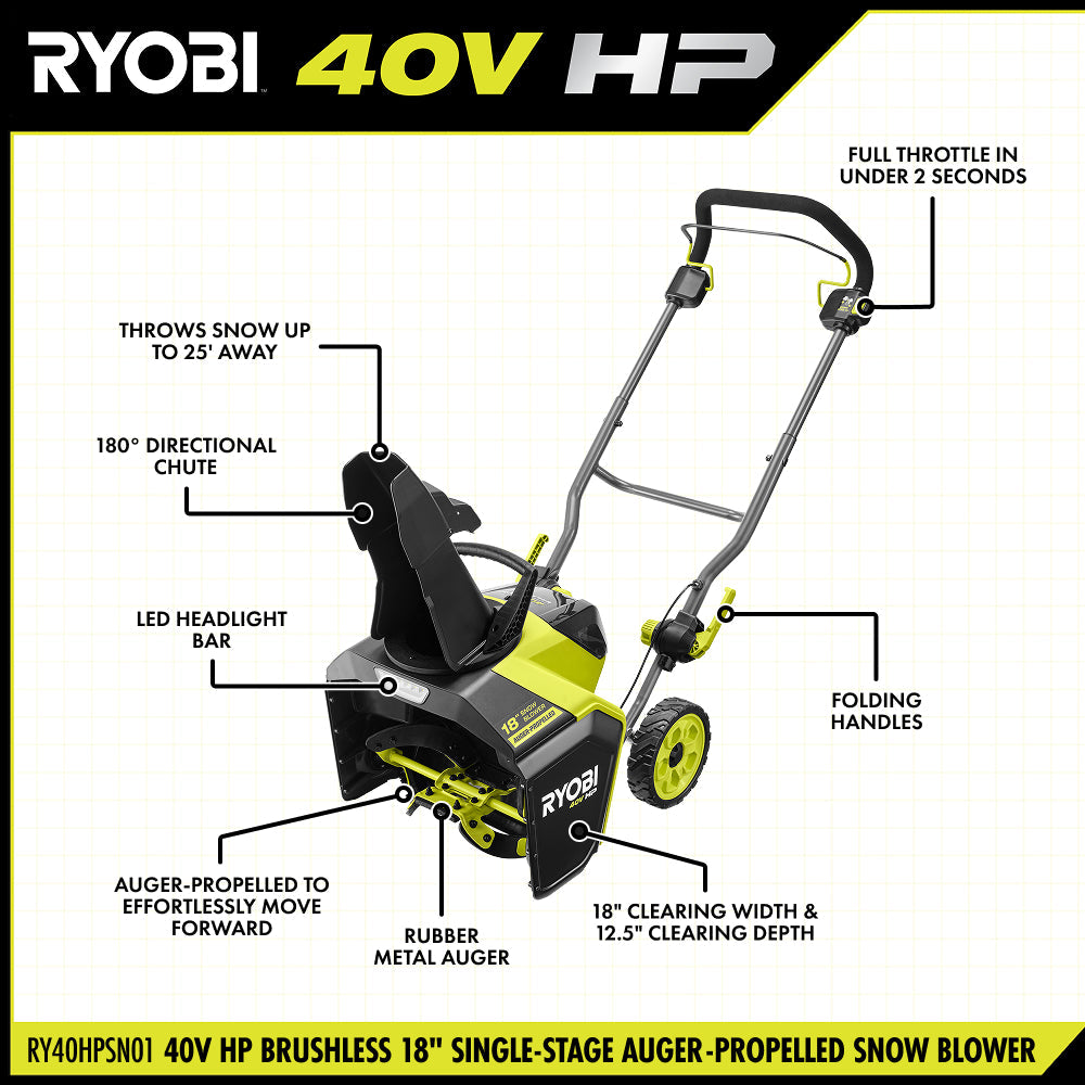 40V HP Brushless 18" Single-Stage Auger-Propelled Snow Blower