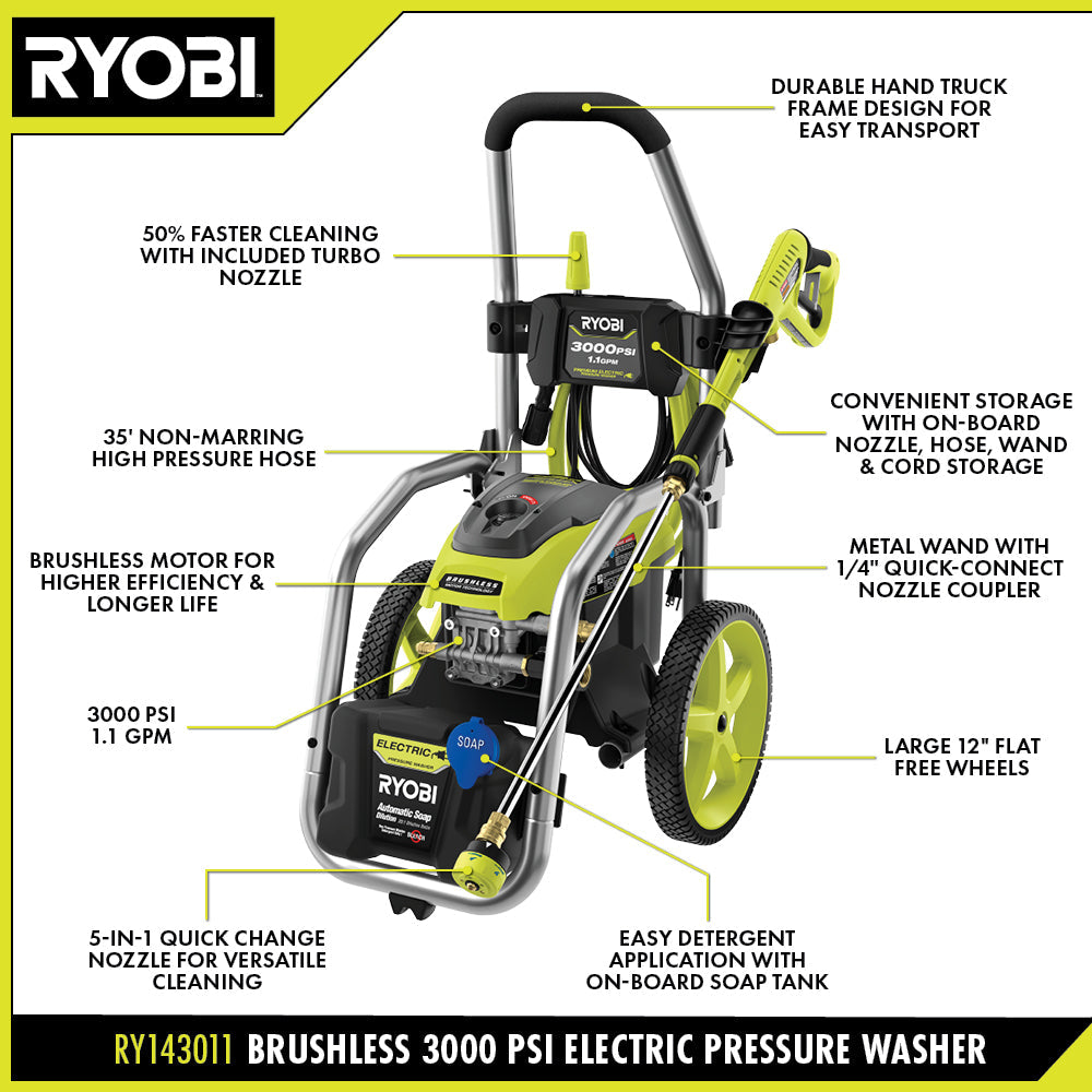 3000 PSI 1.1 GPM Brushless Electric Pressure Washer with 12" 2300 PSI Surface Cleaner