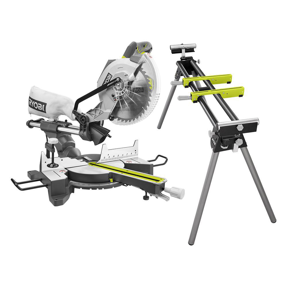 10" Sliding Miter Saw with LED and Miter Saw Stand with Tool-Less Height Adjustment