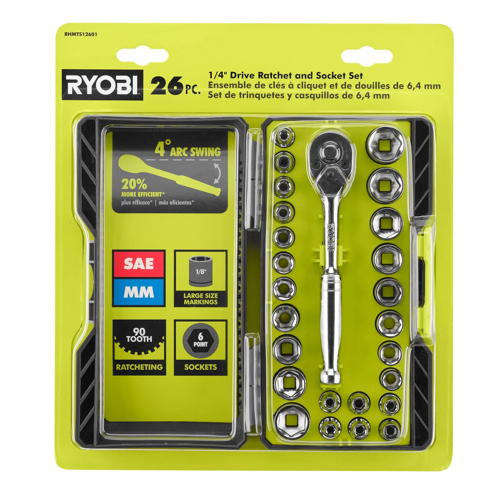 26 PC. 1/4" Drive Ratchet and Socket Set