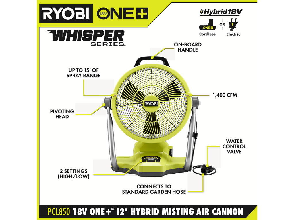 18V ONE+ 12" Hybrid Misting Air Cannon Fan
