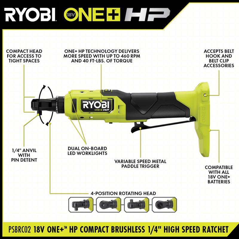 18V ONE+ HP Compact Brushless 1/4" High Speed Ratchet