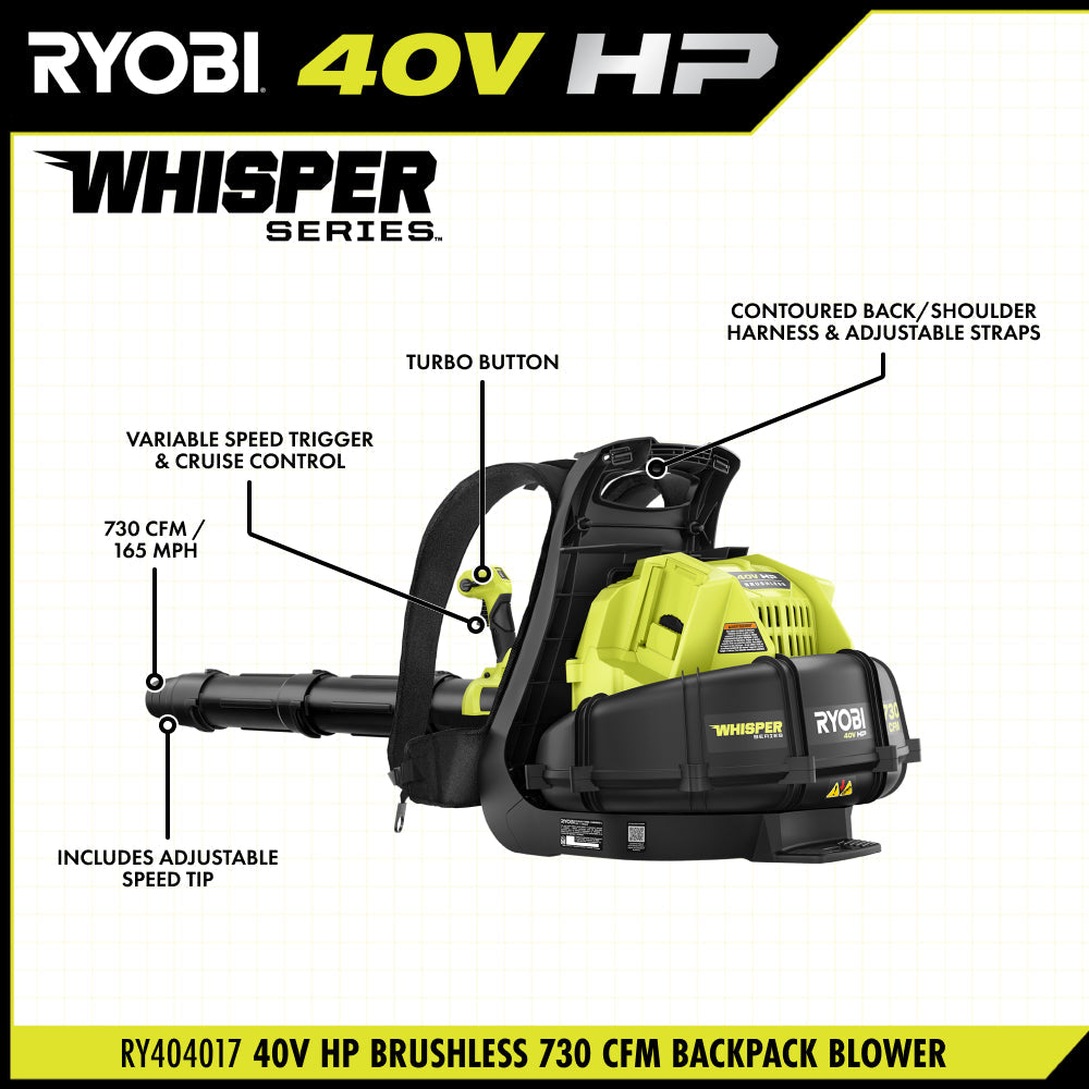 40V HP Brushless 730 CFM Backpack Blower Kit