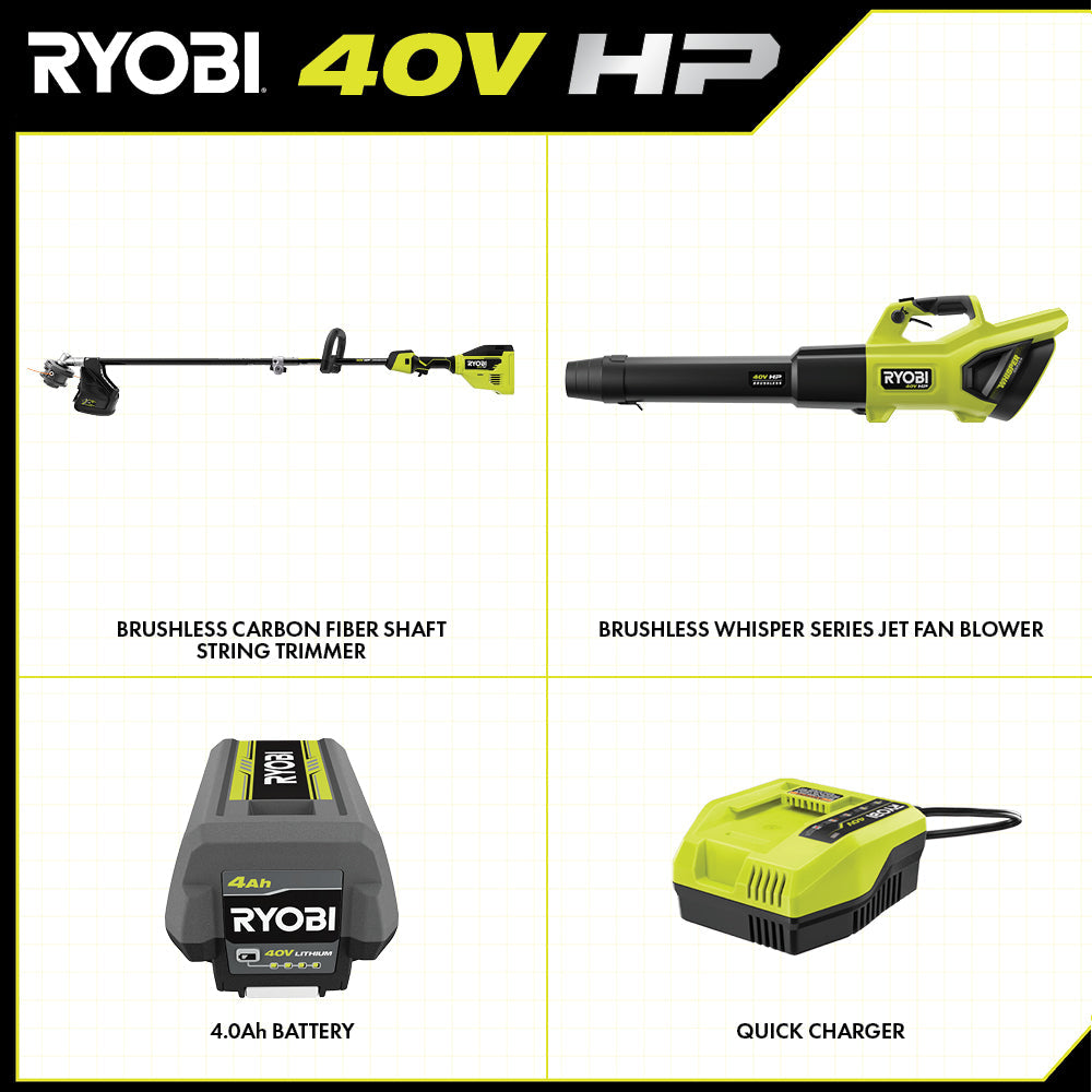 40V HP Brushless 600 CFM WHISPER SERIES Blower & 15" Carbon Fiber String Trimmer Combo Kit