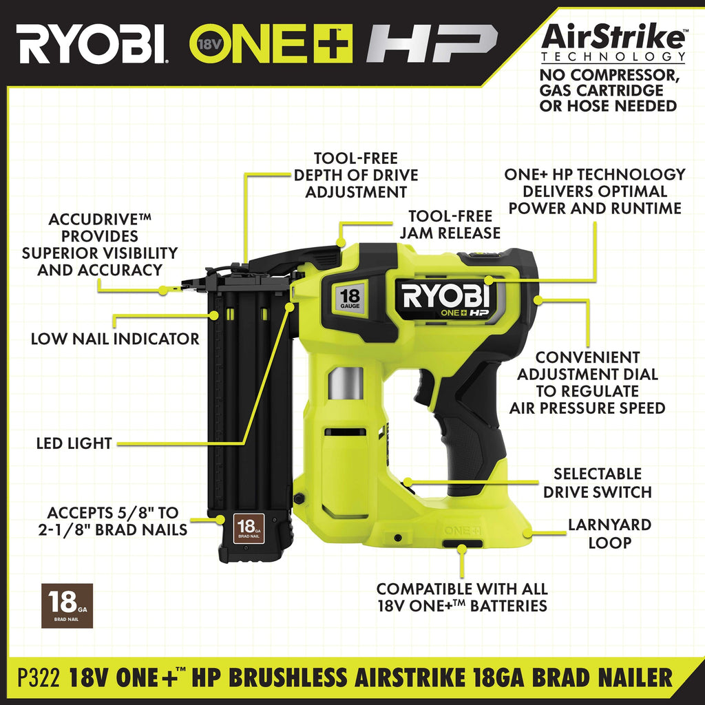 18V ONE+ HP Brushless AirStrike 18GA Brad Nailer