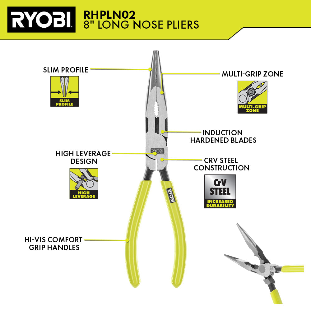 8" High Leverage Long Nose Plier