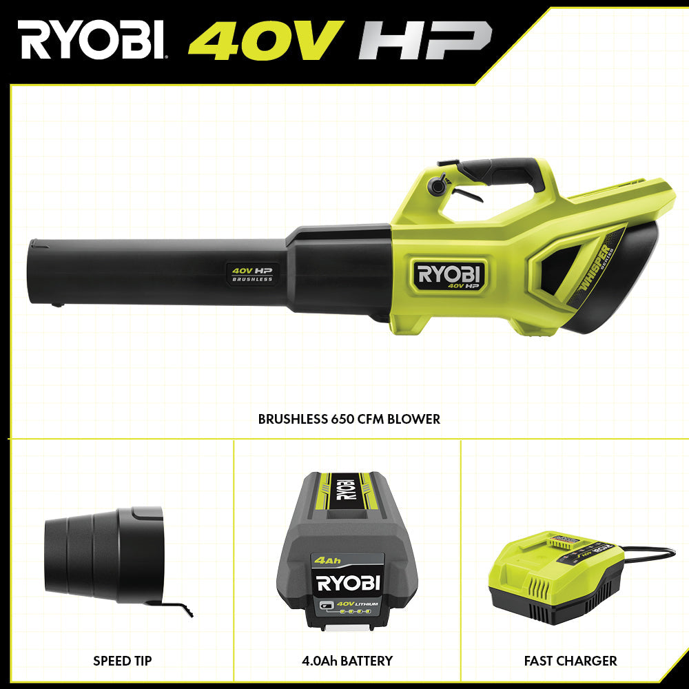 40V HP Brushless WHISPER SERIES 650 CFM 160 MPH Leaf Blower Cordless with 4.0 Ah Battery and Charger