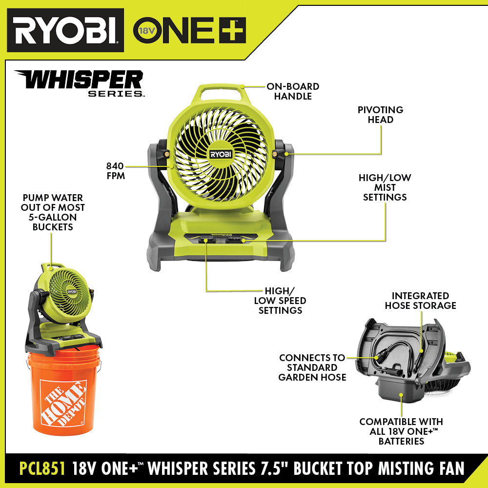 18V ONE+ WHISPER SERIES 7.5" Bucket Top Misting Fan Kit