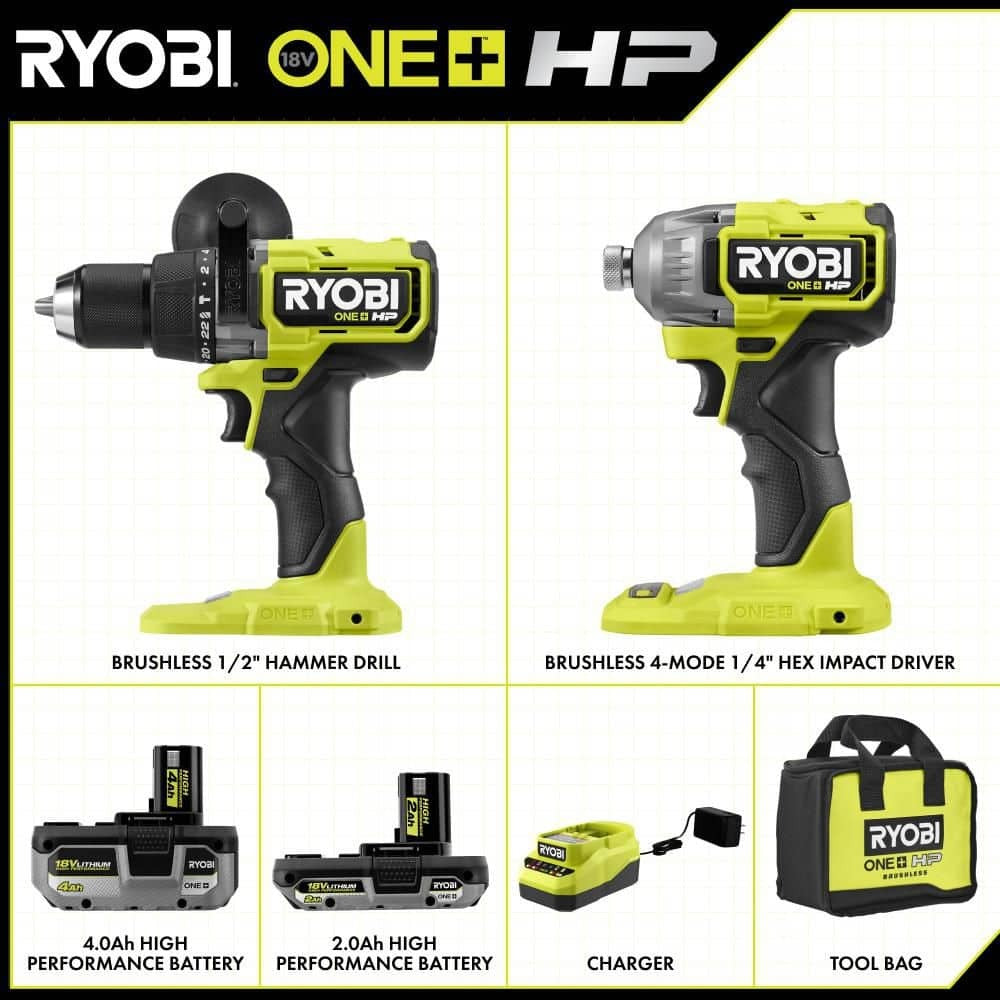18V ONE+ HP BRUSHLESS CORDLESS 2-TOOL HAMMER DRILL / DRIVER, IMPACT DRIVER, 4.0 Ah, 2.0 Ah BATTERY, CHARGER, AND BAG